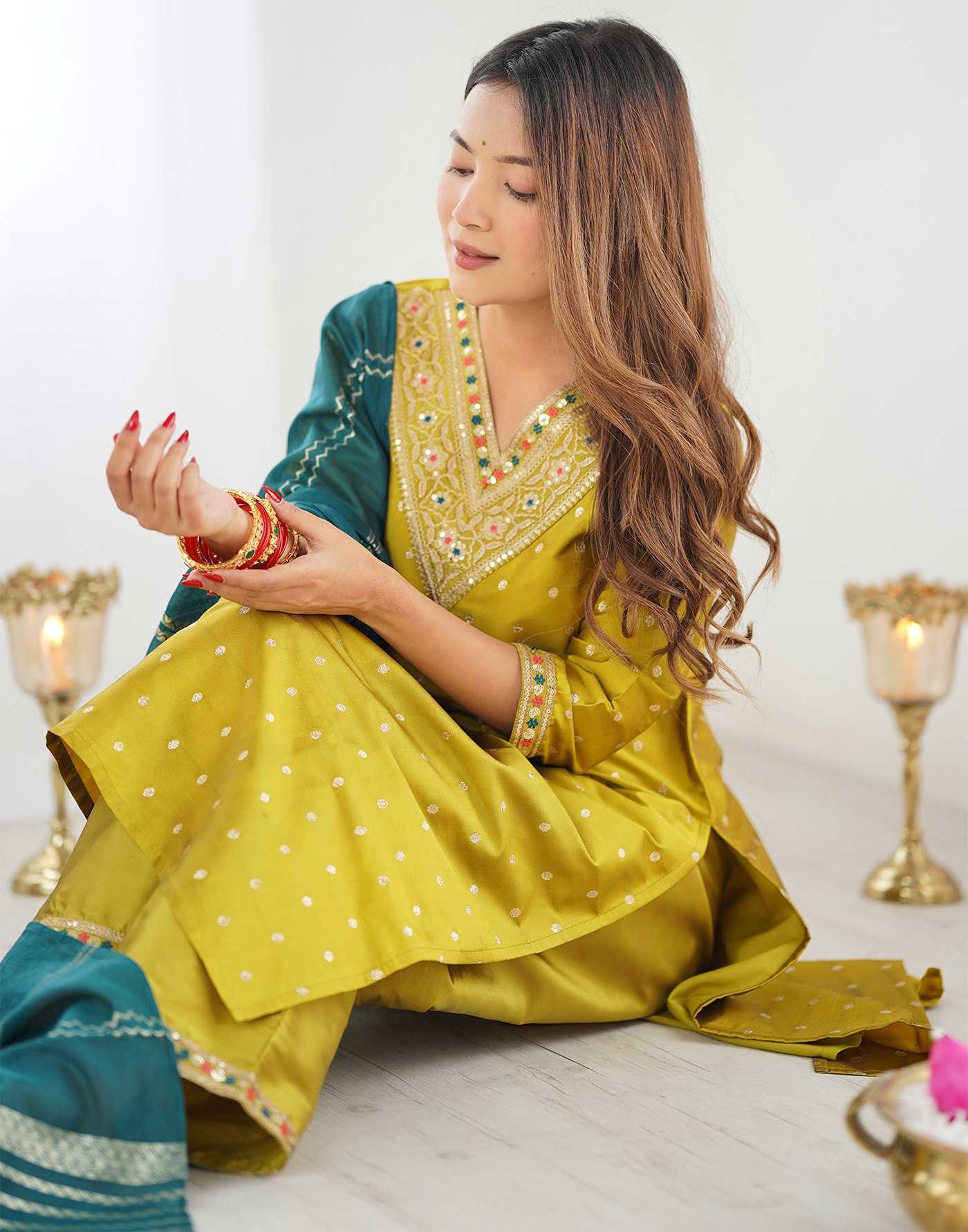 Jacquard  Embroidery  Yellow Salwar Suit